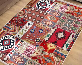 Red Patchwork Anatolian Area Rug|Ethnic Print Turkish Rug|Vintage Carpet|Washable Living Room Rug|Ottoman Court Carpet|Traditional Decor