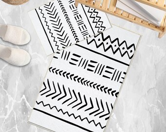 Black White Aztec Tribal Boho Geometric Bathroom Rug, Non Slip Quick Dry Bath Mat, Washable Soft Modern Toilet Mat