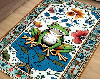 Cottagecore Frog Rug for Kids Room, Whimsical Toad & Jungle Frog Floral Bedroom Rug, Cute Aesthetic Home Decor