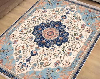 Blue Anatolian Classic Area Rug|Ethnic Oriental Turkish Rug|Vintage Carpet|Chenille Washable Rug |Ottoman Court Carpet|Turkish Kilim Rug