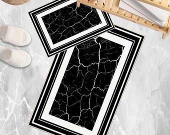 Black White Marble Border Bathroom Rug, Geometric Non Slip Quick Dry Bath Mat, Soft Washable Modern Toilet Mat Decor