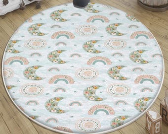 Round Moon Star Boho Kids Room Rug with Rainbow Moon Design, Nursery Decor & Baby Play Mat, Includes Pillowcase Gift