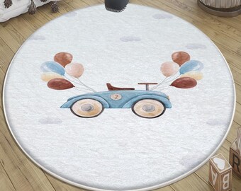 Round Retro Car Rug for Kids Room Decor with Balloon Design – Nursery Gift for Girls & Boys
