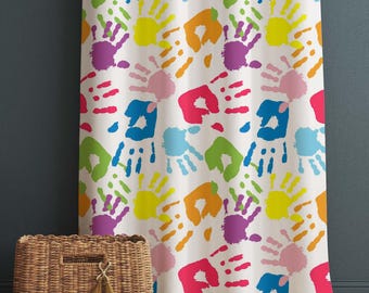 Colorful Kids Hands Pattern Nursery Curtains – Custom Kids Room Drapes & Cute Bedroom Window Treatment Decor with Gift Pillow Covers