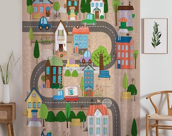 Houses Road Town Map Sheer Curtain for Kids Room, Lightweight  Nursery Net Voile, Kids Room Window Drapes, Machine Washable