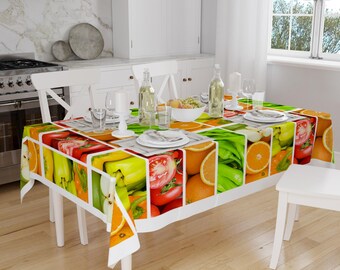 Colorful Fresh Vegetables Fruits Pattern Tablecloth, Modern Dining Accent Table Cover, Modern Kitchen Home Decor