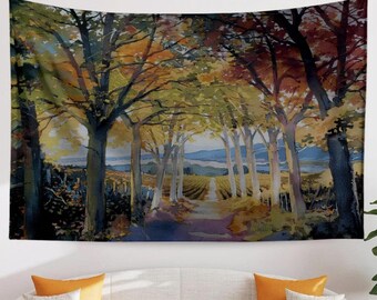 Autumn Forest Tapestry Wall Hanging, Mountain Landscape Nature Photo, Cozy Fall Living Room Decor, Tree Botanical Art, Seasonal Home Accent