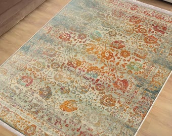Colorful Persian Classic Area Rug|Ethnic Print Turkish Rug|Vintage Carpet|Washable Living Room Rug|Ottoman Court Carpet|Traditional Decor