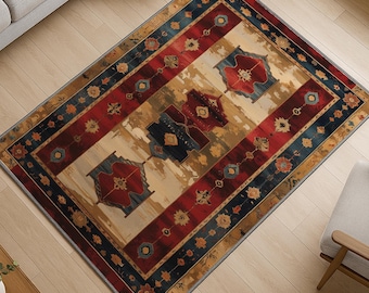 Vintage Oriental Kilim Rug - Washable Turkish Chenille Carpet with Red and Blue Medallion Design - Boho and Rustic Home Decor