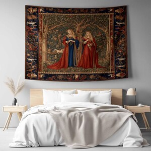 Medieval Princess Tapestry - Enchanting 15th Century French Wall Hanging, Red Mythical Artwork, Vintage Decor Gift