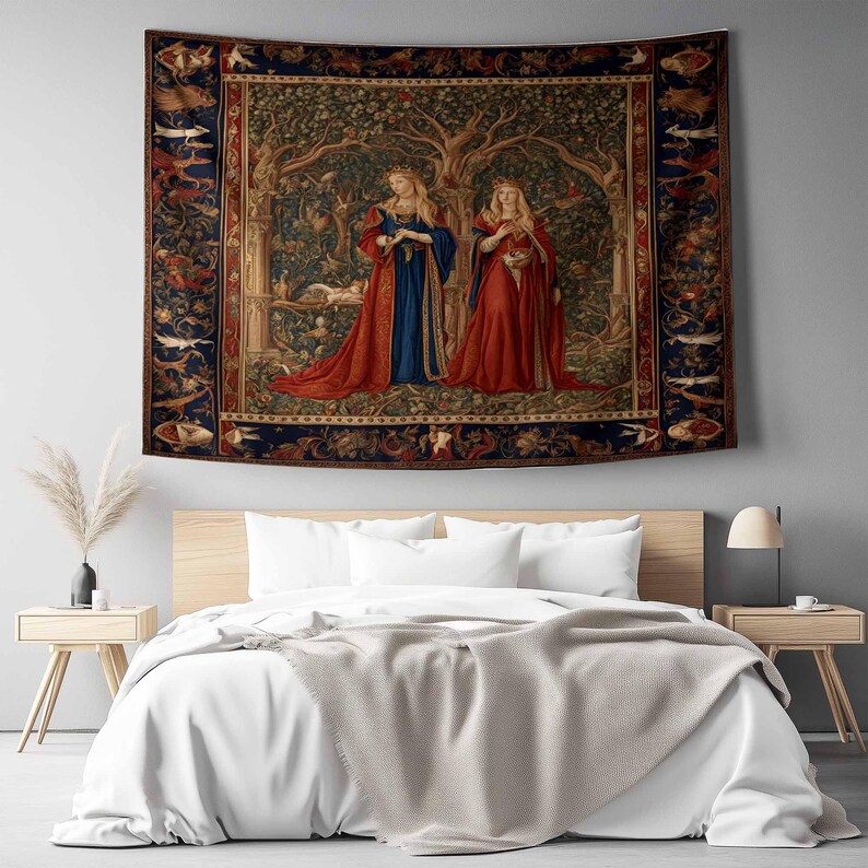 Medieval Princess Tapestry - Enchanting 15th Century French Wall Hanging, Red Mythical Artwork, Vintage Decor Gift