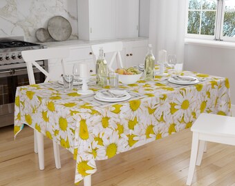 Yellow Daisy Floral Flowers Botanical Summer Tablecloth, Modern Dining Accent Table Cover, Modern Kitchen Home Decor