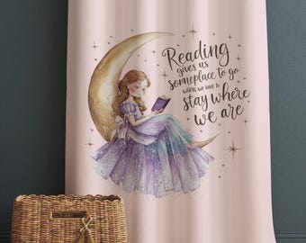 Girls Room Curtains Little Cute Princess on Yellow Moons Reading Books Kids Window Drapes Custom Size & Gift Pillow Covers