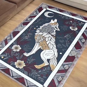 Wolf Rug with Floral Border, Wild Animaş Non-Slip Area Carpet for Rustic Homes, Cabins Nature Lovers, Chenille Washable Rug