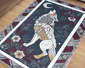 Majestic Wolf Rug with Floral Border, Realistic Non-Slip Area Rug for Rustic Homes, Cabins Nature Lovers, Washable Spirit Animal Decor Gift