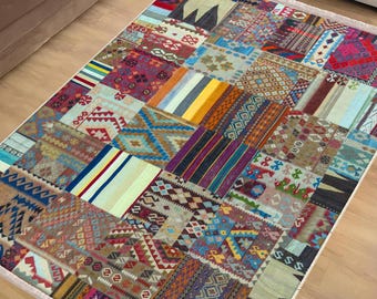 Colorful Vintage Kilim Rug Runner, Boho Patchwork Area Rug, Turkish Ethnic Anti-Slip Carpet, Unique Accent Decor Mat, Chenille Washable Rug