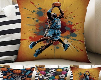 Kids Room Decor Sports Balls Basketball Pillow Covers, Bold Nursery Cushion & Decorative Children Throw Pillowcases for Playroom