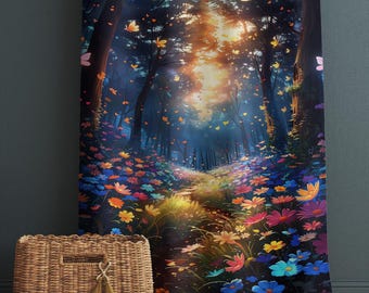 Colorful Flowers Forest Path Curtains for Girls Room, Custom Size Window Drapes & Gift Pillow Covers, Landscape Scenery Decor