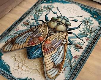 Cicada Rug for Weirdcore & Cottagecore Decor, Whimsical Colorful Designer Bug Rug, Maximalist Nature-Inspired Home Accent