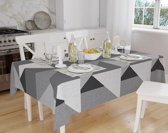 Scandinavian Tablecloth Gray White Geometric Triangle Pattern Modern Nordic Dining Accent Cover, Rectangle tablecloth, Housewarming gift