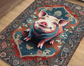 Vintage Farmhouse Decor Pig Rug, Cute Animal Rug For Maximalist Home Decor, Colorful Flower Rug With Farm Animals, Chenille Washable Rug