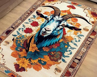 Goat Rug for Kids Room – Colorful Farm Animal Decor, Washable Non-Slip Floor & Kitchen Rug with Floral Persian Border, Farmhouse Style