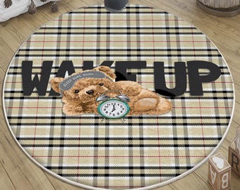Round Sleepy Bear Nursery Rug with Pillowcase | Cute Kids Room Decor & Baby Gift | Soft Cozy Circle Rug for Toddler Nursery