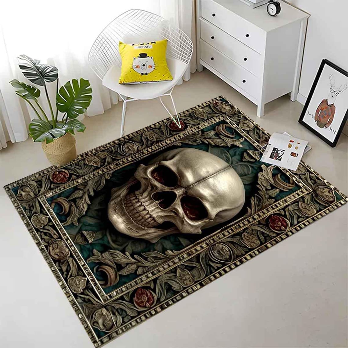 Gothic Skull Rug, Vintage Occult Black Skull Area Rug, Dark Academia ...