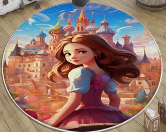 Rug for Kids Round Princess Castle Nursery Rug with Pillow Case Gift, Cute Girl’s Room Decor, Soft Baby Play Mat for Kids Room