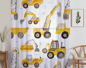 Yellow Construction Equipment Sheer Curtain for Kids Room, Lightweight Bulldozer Truck Nursery Net Voile, Kids Room Window Drapes