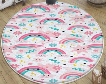 Rainbow Clouds Stars Nursery Rug, Round Kids Room Decor with Pillow Case Gift, Baby & Playground Soft Area Rug for Girls