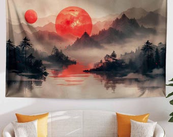 Japanese Red Sunset Wall Tapestry - Japanese Lake & Mountain Landscape Decor, Scenic Asian Art for Living Room Bedroom