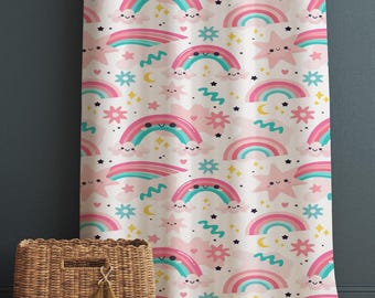 Pink Kids Nursery Curtains with Cute Rainbows & Stars, Custom Size Window Drapes for Girls Room Decor + Gift Pillow Covers