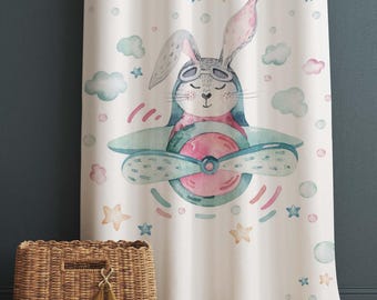 Bunny Rabbit Pilot Plane Clouds Baby Nursery Curtains , Custom Baby Room Drapes, Gift Pillow Covers, Cute Bedroom Window Treatment Decor
