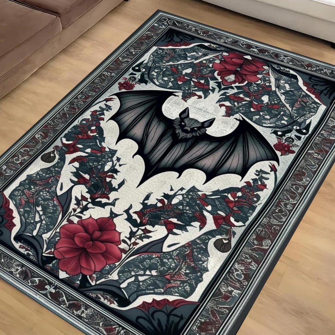 Gothic Bat Rug With Red Floral Design, Witchcore Decor Carpet for Dark ...