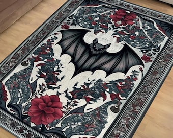 Gothic Bat Rug with Red Floral Design, Witchcore Decor Carpet for Dark Academia, Elegant Gothic Tapestry for Maximalist Goth Rooms