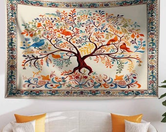Colorful Tree of Life Tapestry Wall Hanging with Floral & Birds Design, Boho Home Decor, Nature-Inspired Art, Bedroom Living Room Accent