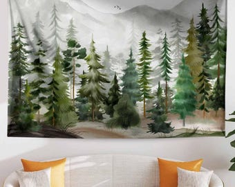 Watercolor Green Forest Tapestry Boho Wall Hanging Nature Scenery Foggy Mountain Home Decor for Living Room