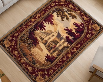 French Victorian Town Tapestry Rug - Washable Chenille Carpet with Antique Floral Border - Elegant Wall Hanging or Floor Decor