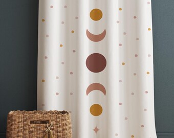 Girls Room Curtains Boho Moon Polka Dots Window Drapes Custom Size with Gift Pillow Covers - Nursery Decor, Kids Bedroom Curtains