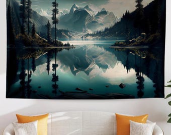 Blue Lake Mountain Wall Tapestry, Forest Trees Landscape Decor, Nature Scenery Hanging Art for Bedroom & Living Room