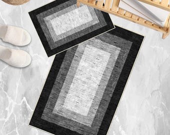 Black Gray Border Bathroom Rug - Geometric Non Slip Bath Mat, Quick Dry Washable Toilet Mat, Soft Modern Bathroom Decor