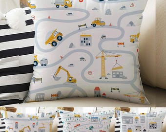 Kids Room Decor Construction Equipment Road Play Pillow Covers, Bold Nursery Cushion & Decorative Children Throw Pillowcases for Playroom