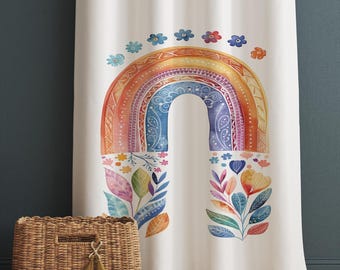 Colorful Rainbow Floral Flowers Kids Curtains & Gift Pillow Covers, Custom Nursery Drapes, Child Bedroom Window Treatment Decor