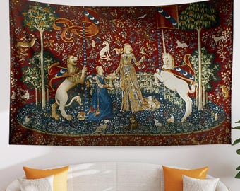 Lady and the Unicorn Sense of Taste Wall Tapestry, Medieval Art Decor, Vintage Style Hanging, Boho Bedroom, Living Room Textile Gift