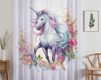 Unicorn Horse Flowers Sheer Curtain for Girls Room, Lightweight Animal Floral Nursery Net Voile, Kids Room Window Drapes, Machine Washable