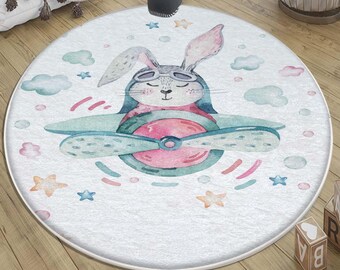 Round Bunny Pilot Plane Nursery Rug with Pillowcase – Cute Kids Playroom Carpet Gift, Baby Room Decor, Soft Children’s Rug for Kids Bedroom