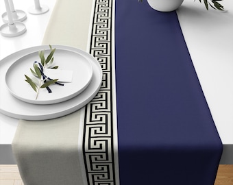 Table Runner Navy Blue Greek Key Pattern – Modern Traditional Dining Room Decor Textile Accent, Farmhouse Decor