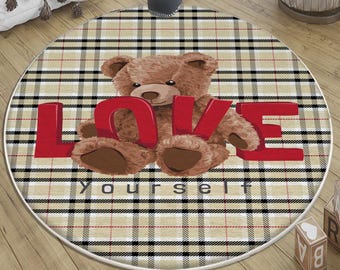 Round Cute Love Bear Nursery Rug with Pillow Case Gift, Soft Kids Room Decor, Baby Room Rug, Perfect Gift for Toddler Bedroom
