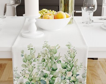 Table Runner Green White Eucalyptus Floral Botanical Design Modern Dining Room Decor Accent Home Decoration